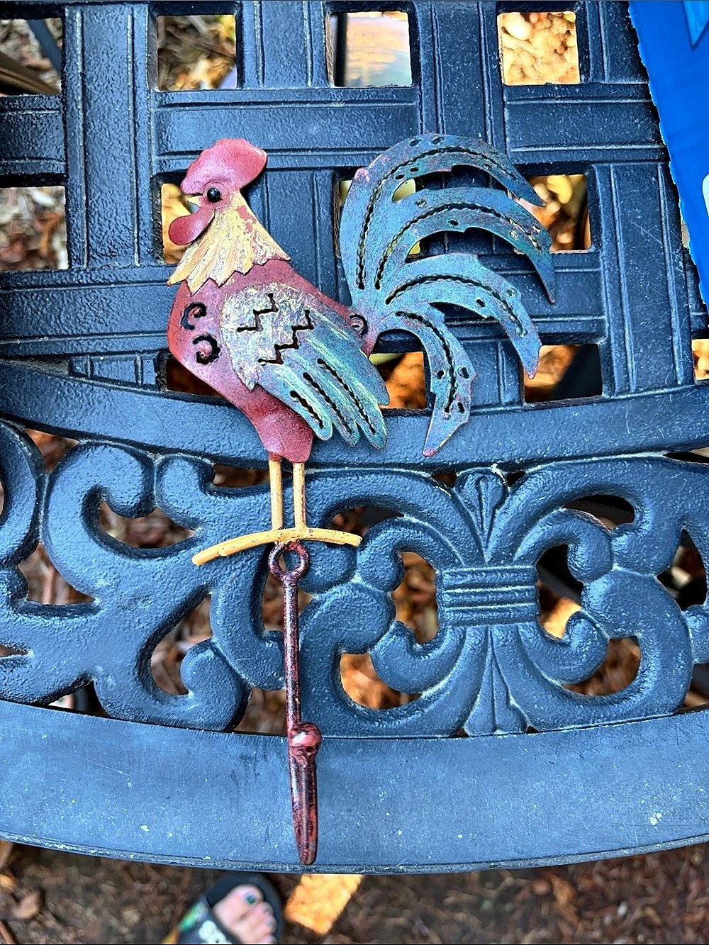 Painted Rooster Garden Decor, Red & Blue hook